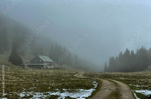Wanderweg im Nebel bei der Riesenhütte im Hochries-Gebiet, Bayern, Deutschland photo