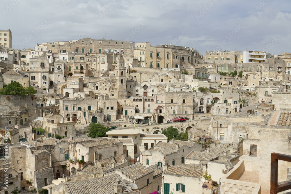 Panorama of Matera along a stepped road that goes up the Civita on Sasso Barisano
