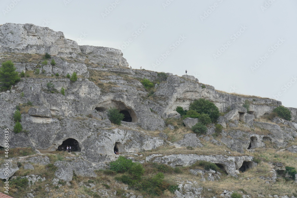 Panorama of Rupestrian Churches Park from Sasso Barisano, on the other side of the canyon carved by the Gravina River