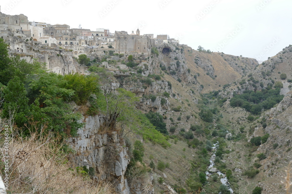 Panorama of Rupestrian Churches Park from Sasso Barisano, on the other side of the canyon carved by the Gravina River
