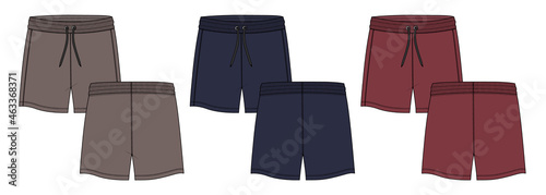 Navy Blu, Red, Khaki color Boys Sweat Shorts vector fashion flat sketch template. Young Men Technical Drawing Fashion art Illustration isolated on white Background.
