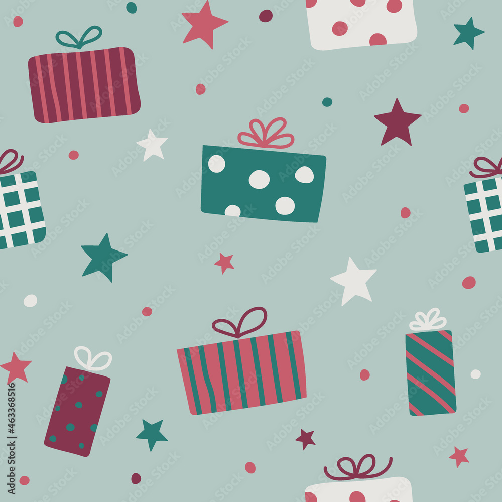 Christmas pattern with hand drawn present boxes. Xmas wrapping paper concept. Vector