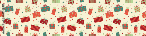 Design of pattern with Xmas present boxes. Christmas concept. Banner. Vector