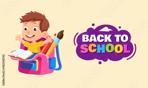flat design vector back to school banner colorful school backpack illustration and children with school supplies space for text on the background