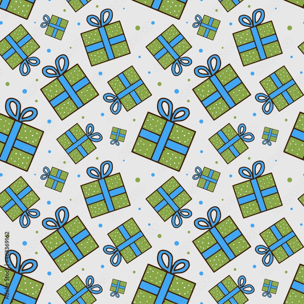 Vector Seamless Christmas Pattern with Green Gift Boxes with Bow. Simple illustration. Doodle style. Design for packaging, textiles, stationery.
