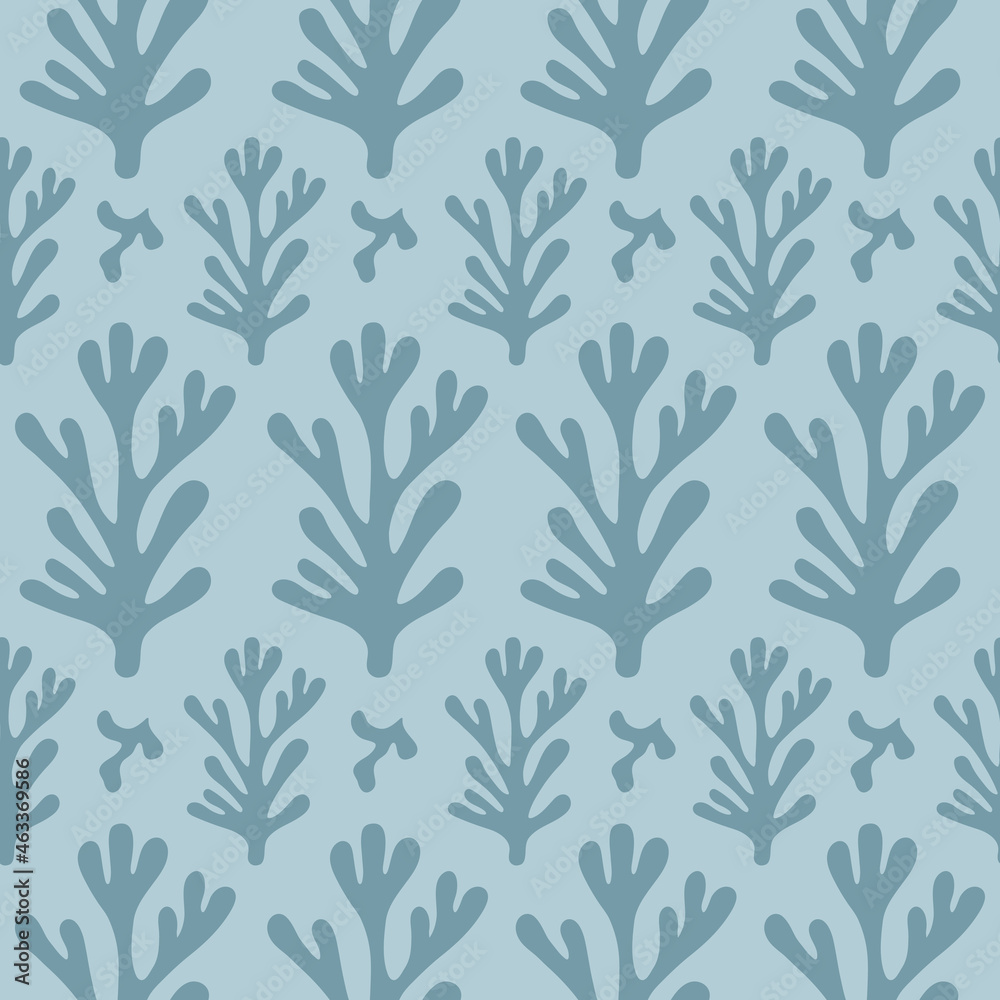 Fototapeta premium Modern seamless pattern of abstract blue organic shapes. Inspired Matisse vector minimal design. Monochrome colors 
