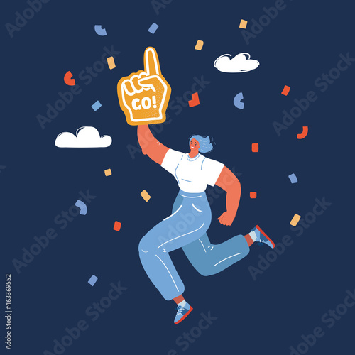 Vector illustration of female fan with foam arm. Fanatic woman over dark backround.