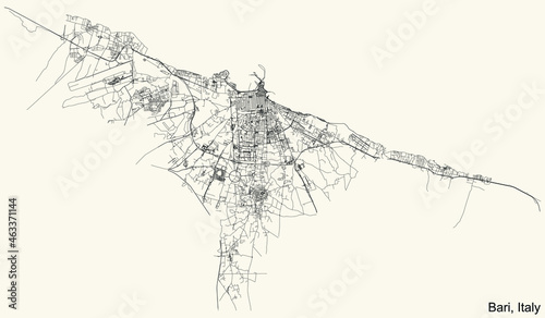 Detailed navigation urban street roads map on vintage beige background of the Italian regional capital city of Bari, Italy