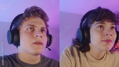 Young gamer man and woman with headphone playing a video game. Split screen of two people close-up shot photo