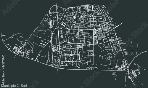 Detailed negative navigation urban street roads map on dark gray background of the quarter Second 2nd municipality (Municipio 2) of the Italian regional capital city of Bari, Italy photo