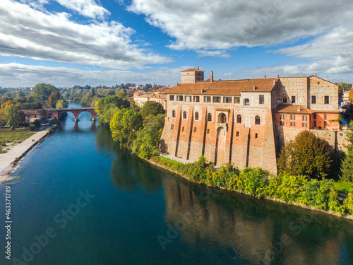 Aerial view of Adda river, with the castle of Cassano d'Adda town, Lombardy, Italy
