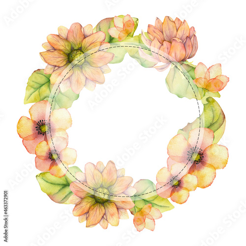 Round frame with pink and yellow watercolor flowers for save the date invitations, RSVP, thank you cards