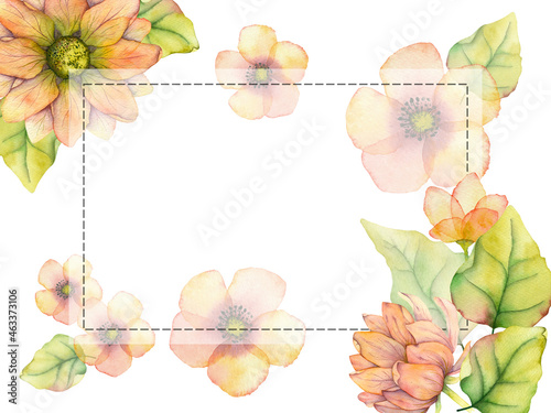Rectangular frame with pink and yellow watercolor flowers for save the date invitations, RSVP, thank you cards