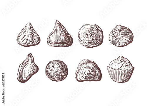 Truffle. Chocolate sweet, candy, cake. Vector set