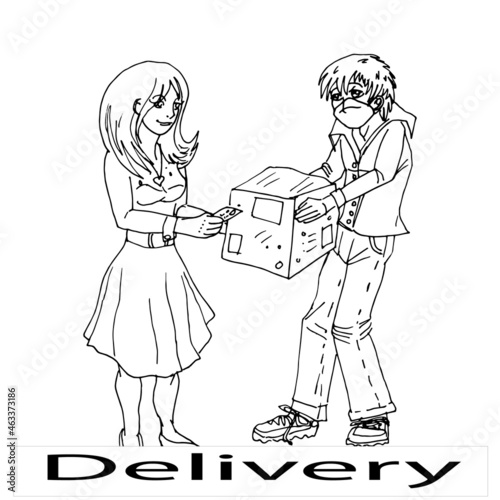 Woman receives a parcel from a courier. Vector sketch illustration. © tenny_rosehip