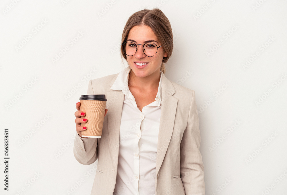 Young Russian business woman holding banknotes isolated on white background happy, smiling and cheerful. Young Russian business woman holding banknotes isolated on white background happy, smiling and cheerful.