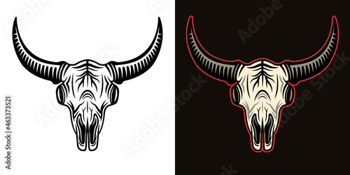 Bull or bison skull head in two styles black on white and colorful on dark background vector illustration