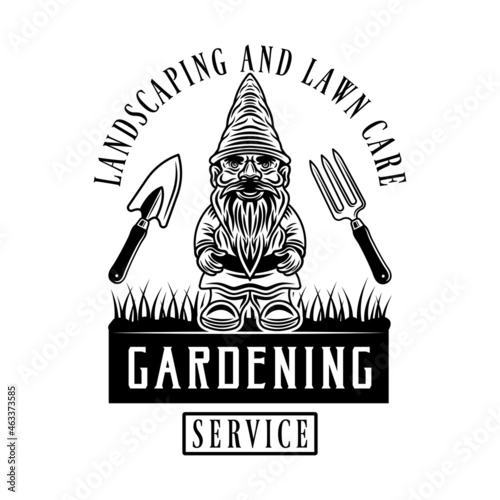 Gardening service vector vintage emblem, badge, label or logo with gnome statuette in monochrome style isolated on white background