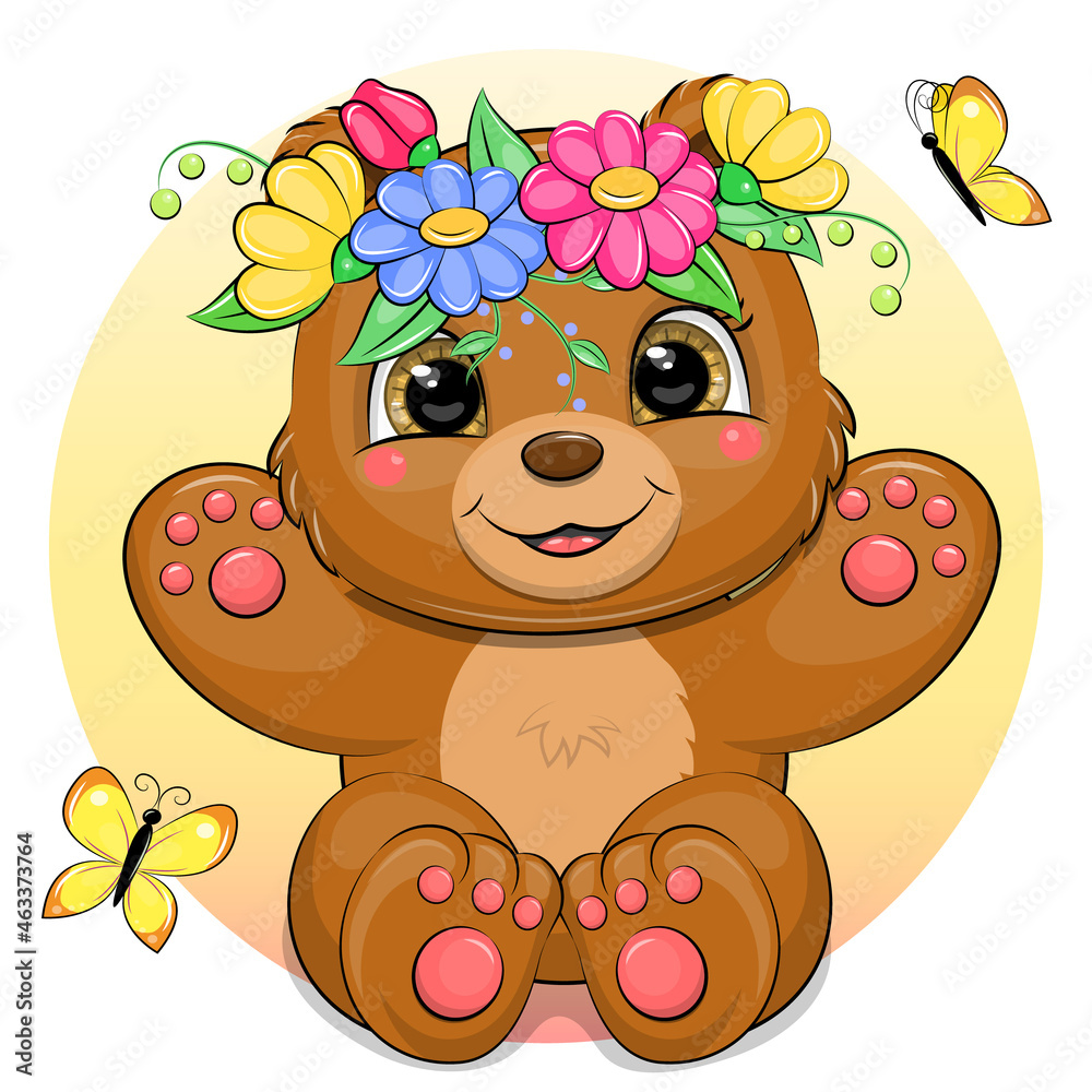 Cute cartoon brown bear with flower wreath and butterflies. Vector  illustration of an animal on a yellow background. Stock Vector | Adobe Stock