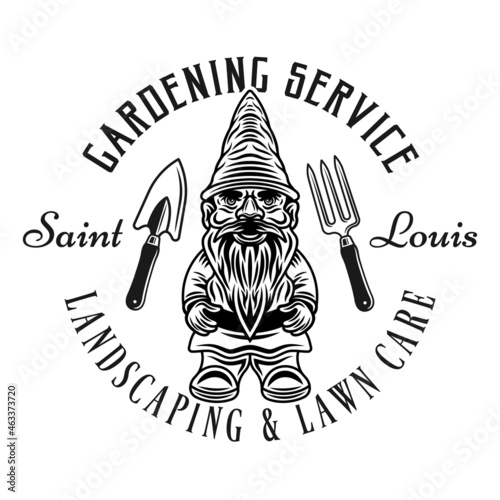 Landscaping and gardening service vector vintage emblem, badge, label or logo with gnome statuette in monochrome style isolated on white background
