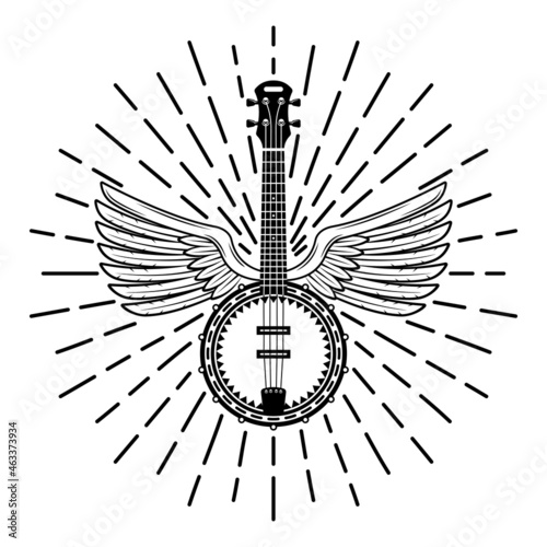 Banjo with angelic wings and rays in monochrome style isolated on white background vector illustration