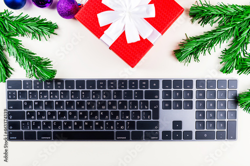 Close-up of a computer keyboard on Christmas Day.