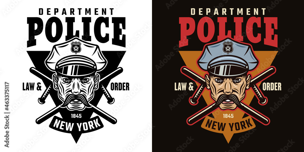 Obraz premium Policeman, two crossed batons and text police department vector emblem, label, badge or logo in two styles black on white and colorful on dark background