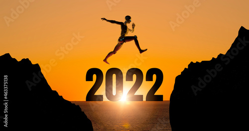 2022 New year Jumping 3D humanoid robot metaverse smart city digital world background, AI artificial intelligence industry automated digital technology concept, 