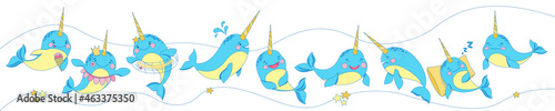 Narwhal or underwater unicorn characters with funny faces. Cute whale. Illustration isolated on white background. Objects for your design