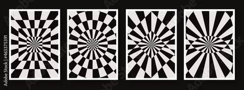 Collection of Monochrome Optical Illusion Backgrounds. Set of Geometric Abstract Posters. Psychedelic Abstraction Pattern.