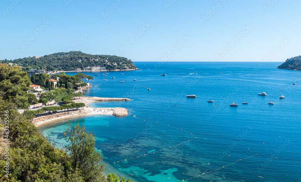 Aerial view of the beautiful beaches and the fantastic sea of Villefranche-sur-Mer