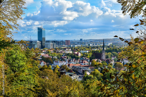 beautiful view of Gdansk in Poland, colorful autumn trees 