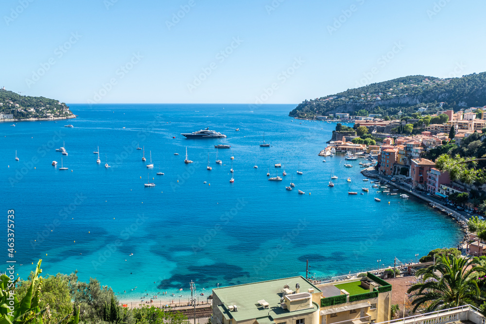 Aerial view of the beautiful beaches and the fantastic sea of Villefranche-sur-Mer