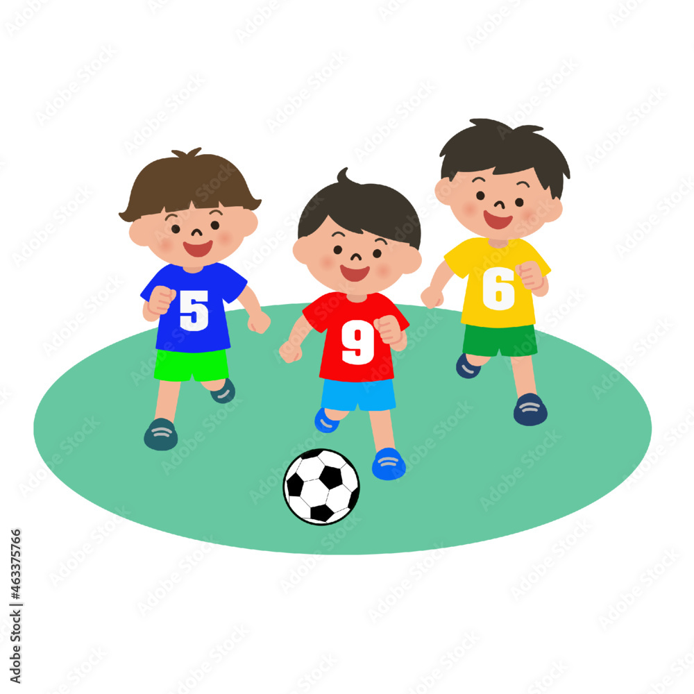 Vector illustration of children three boys playing football. Children Running after a soccer ball. Vector illustration of children three boys playing football. Children Running after a soccer ball.