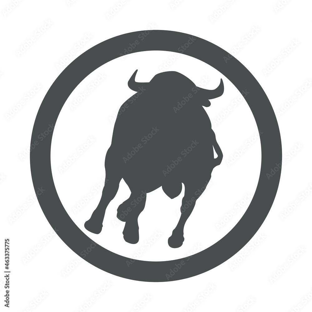 Icono plano silueta de toro de lidia atacando en círculo color gris Icono plano silueta de toro de lidia atacando en círculo color gris