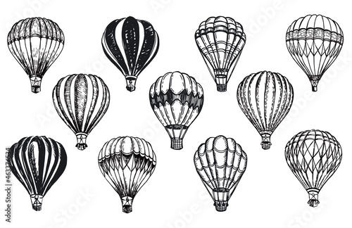 Hot air balloons flying, Hand drawn illustration. © oldesign