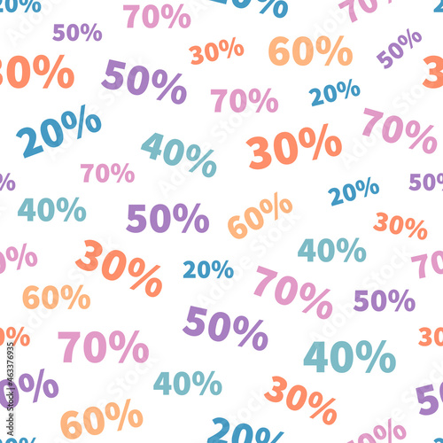 Vector seamless pattern with multicolored percent on a white background. 20, 30, 40, 50, 60, 70%.