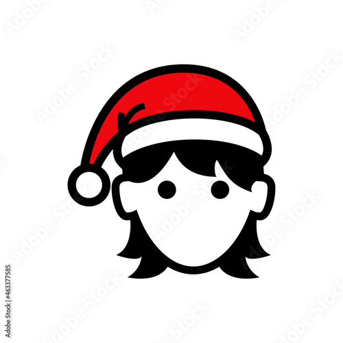 Icono plano con silueta de cara de mujer con sombrero de Papá Noel con lineas en color negro y rojo © teracreonte