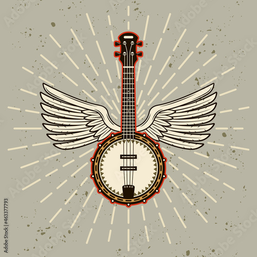 Banjo with angelic wings and rays in colorful style isolated on light background with removable textures vector illustration