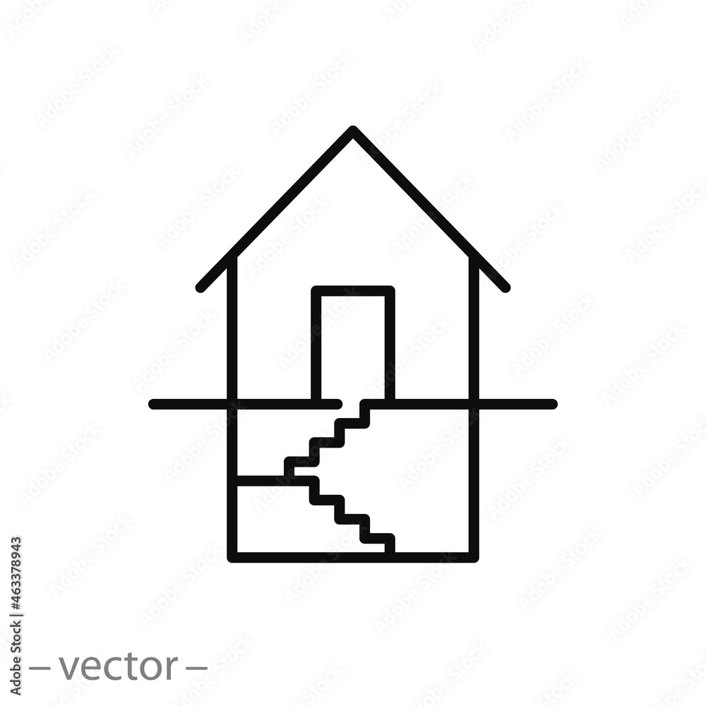 basement private house icon, ground floor, black stairs, thin line symbol on white background - editable stroke vector illustration basement private house icon, ground floor, black stairs, thin line symbol on white background - editable stroke vector illustration