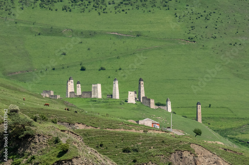 Erzi Tower Complex in Ingushetia, Russia. Medieval Military Architecture of Caucasus photo