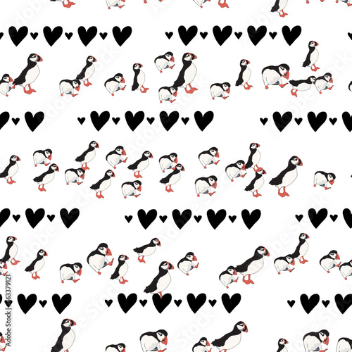 Vector white background ocean seabird  arctic birds  puffins. Seamless pattern background