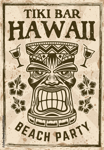 Tiki face vintage poster with traditional hawaiian tribal wooden mask vector decorative illustration