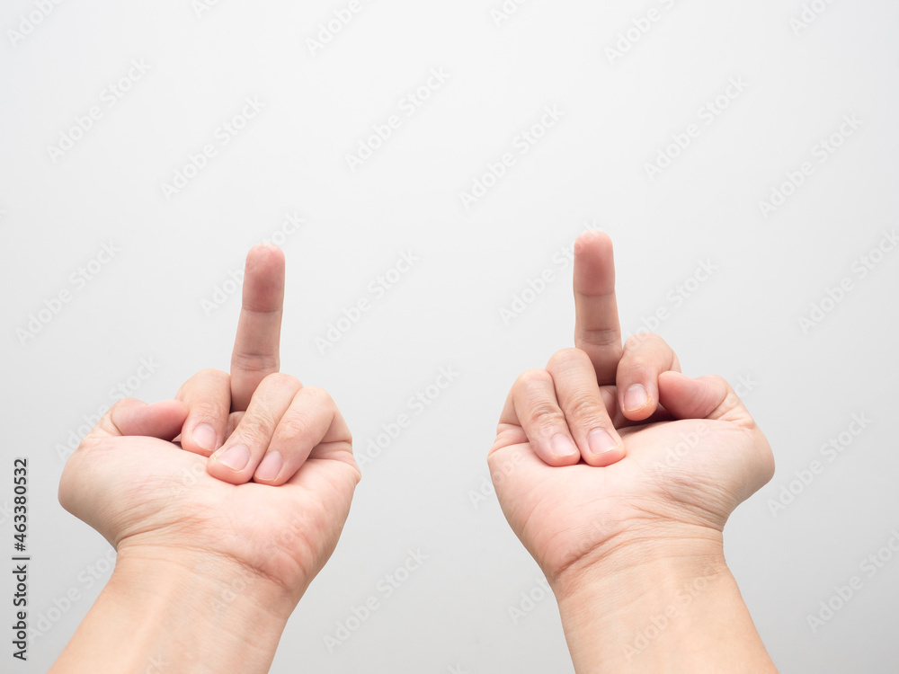 Man hand show double middle finger on white background Stock Photo