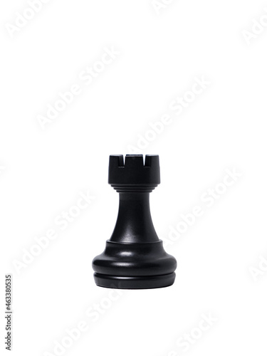 Photography isolated black rook chess piece on white background.