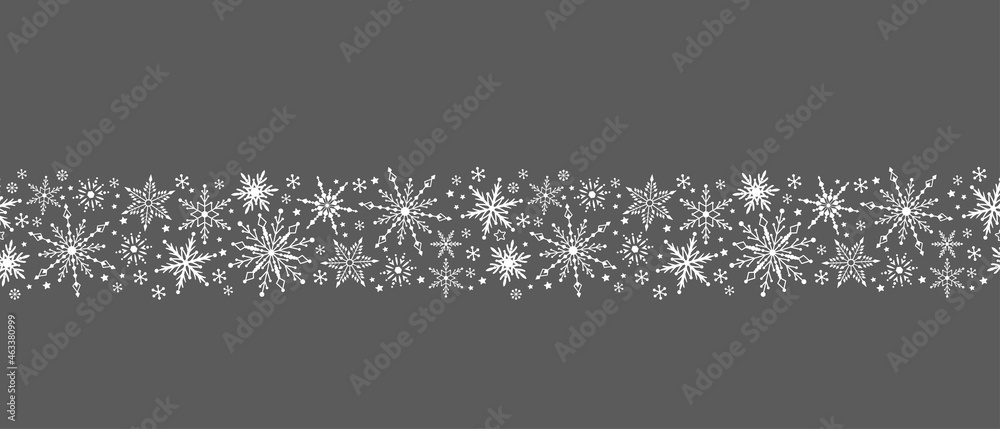 Fototapeta premium Winter seamless ornament simple vector element with snowflakes. Christmas border isolated on background.Design for banner card packing.