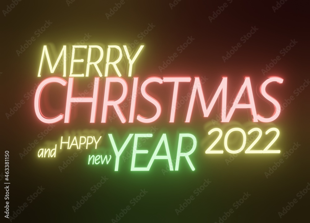 Merry Christmas and happy new year 2022 neon lights 3d-illustration