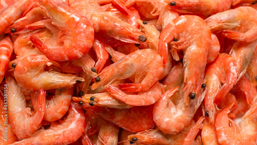 Shrimps background texture. A lot of shrimps. Cooked shrimps.