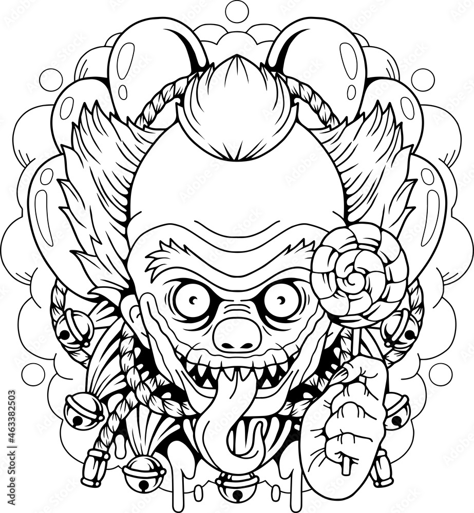 scary monster clown, outline illustration, design