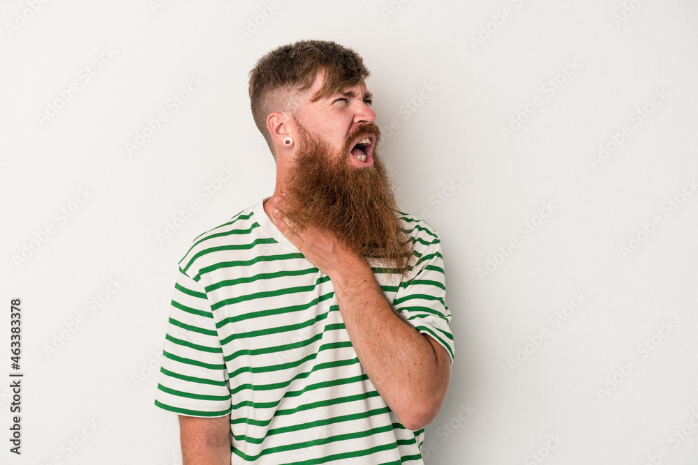 Young caucasian ginger man with long beard isolated on white background touching back of head, thinking and making a choice. Young caucasian ginger man with long beard isolated on white background touching back of head, thinking and making a choice.